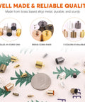 Assorted brass cord end caps in various sizes and colors from the 200 Piece Brass Cord End Caps Jewelry Findings Kit for crafts.
