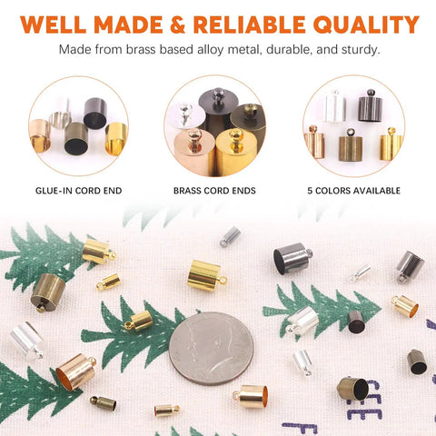 Assorted brass cord end caps in various sizes and colors from the 200 Piece Brass Cord End Caps Jewelry Findings Kit for crafts.