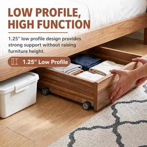 Twenty Pack Small Side Mount Caster Wheels With Silent Smooth Rolling Motion For Drawer Cabinet Upgrades, low profile design in use.
