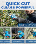 Cordless Electric Pruning Shears Built For Weak Hands Arthritis Relief Brushless Secateurs in use for fruit tree pruning.
