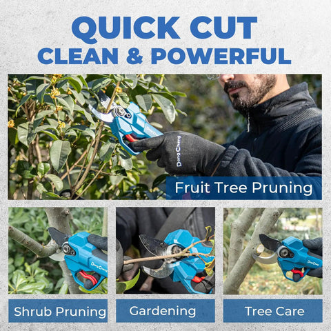 Cordless Electric Pruning Shears Built For Weak Hands Arthritis Relief Brushless Secateurs in use for fruit tree pruning.