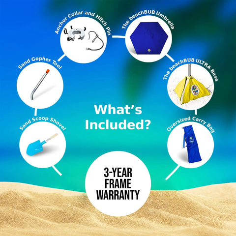 All-In-One Beach Umbrella System With Ultra Base Deep Ocean Blue Seven Point Five Foot Canopy accessories and warranty details