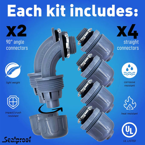 Image showing 90° elbow and straight connectors from the Half Inch Non Metallic Liquid Tight Conduit Kit With 25 Foot Flexible Type B PVC Conduit.