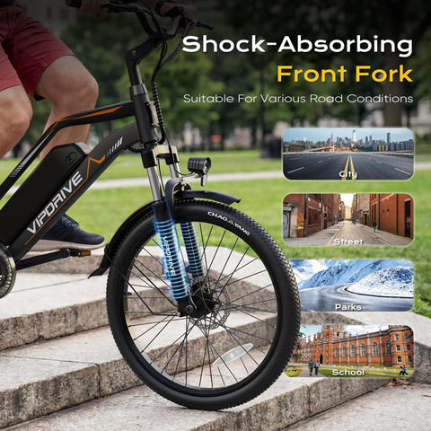 Powerful 1000W Peak Electric Bike For Adults With 48V Battery And 22 MPH Top Speed displaying front suspension on stairs