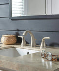 Stylish bathroom with Parkwood No-Fuss Two-Handle Lavatory Faucet, Widespread Brushed Nickel, 3-Hole Install for 6-16 in.