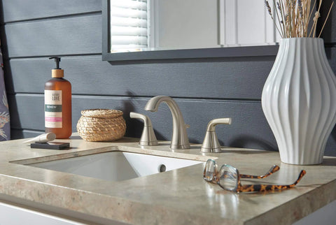 Stylish bathroom with Parkwood No-Fuss Two-Handle Lavatory Faucet, Widespread Brushed Nickel, 3-Hole Install for 6-16 in.
