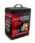 Front view of Aluminum Polishing Kit With Dual Buffing Wheels Polishing Compounds Right Angle Grinder Safety Flange Pro Red Hand Polish And Microfiber Pads For A Crazy Slick Showroom Worth Shine packaging