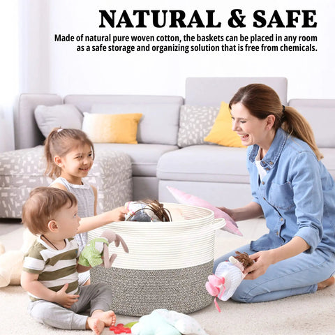 Family enjoying Cozy Rope Blanket Basket With Soft Lid For Living Room And Bedroom, perfect for toy storage in living space