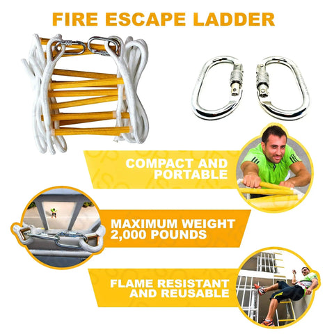 Emergency Fire Escape Rope Ladder For Three To Four Story Homes 32 Foot Flame Resistant Safety Ladder displayed with hooks
