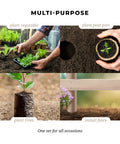 Image showing uses of the All Purpose Auger Drill Bit Set for vegetables, peat pots, trees, and fence installation.