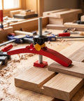 Fafeicy T Track Hold Down Clamp With Micro Adjustment For CNC Sleds Diy Fixture on wooden workbench holding thick wood boards.
