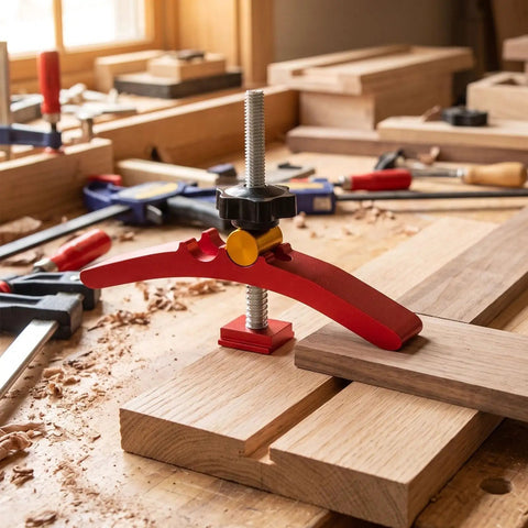 Fafeicy T Track Hold Down Clamp With Micro Adjustment For CNC Sleds Diy Fixture on wooden workbench holding thick wood boards.