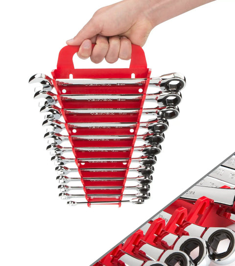 Hand holding Ratcheting Wrench Set 12-Piece 8-19 Mm with holder, box end grips, durable steel, for auto and workshop projects.