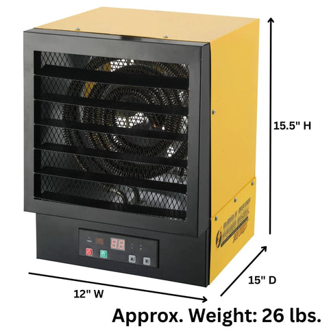 Beefy 240V Ceiling Mounted Garage Heater With Remote 10KW Hardwired Space Heater For Workshops, shown in black and yellow, 15.5”H x 12”W x 15”D