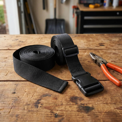 Roll of adjustable nylon webbing strap 59 by 1 inch with side-release buckle on workbench, part of 6 pack for camping gear.