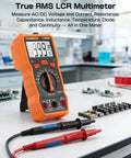 6000-Count Auto-Ranging LCR Meter Multimeter with probes in electronics lab for DIY electronics and repair measures