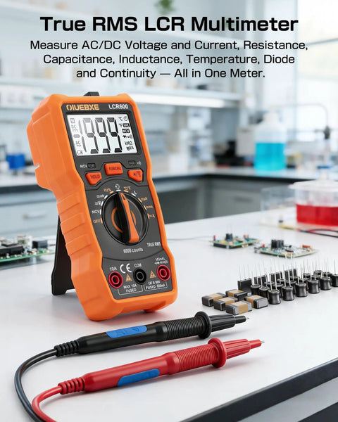 6000-Count Auto-Ranging LCR Meter Multimeter with probes in electronics lab for DIY electronics and repair measures