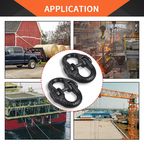 Half Inch Grade 80 Alloy Steel Hammerlock Coupling Link For Tow Hitch Safety Trailer Chain Adapter Connector Heavy Duty Truck Hitch 12000 Lbs Beefed Up Load Capacity Black shown in various application scenarios.