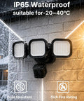 Motion Sensor Flood Lights for Outdoor, 270° Hardwired Security Light,2Pack with three adjustable LED heads in the rain.