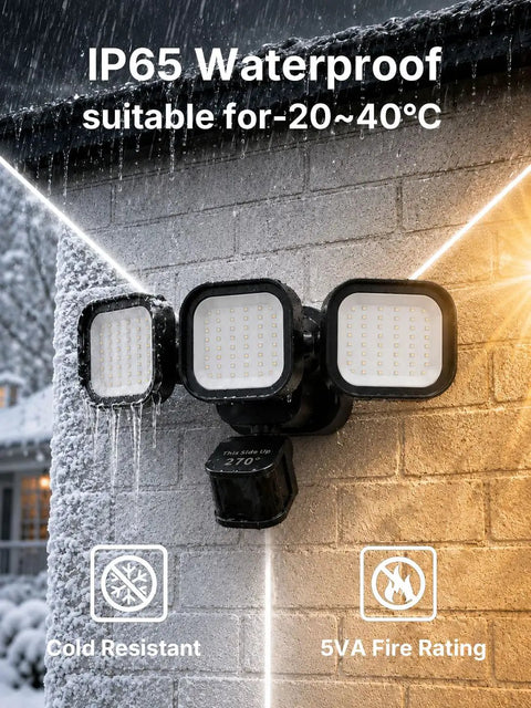 Motion Sensor Flood Lights for Outdoor, 270° Hardwired Security Light,2Pack with three adjustable LED heads in the rain.