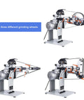 Shop Ready Variable Speed Belt Sander Grinder With Three Polishing Discs For Professional Knife Sharpening Wood Finishing And Metal Polish Featuring Dual Vertical Horizontal Setups For Daily Grind, showing three angles with grinding wheels.