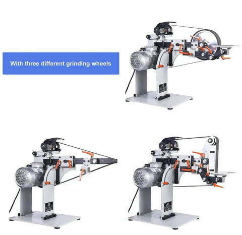 Shop Ready Variable Speed Belt Sander Grinder With Three Polishing Discs For Professional Knife Sharpening Wood Finishing And Metal Polish Featuring Dual Vertical Horizontal Setups For Daily Grind, showing three angles with grinding wheels.