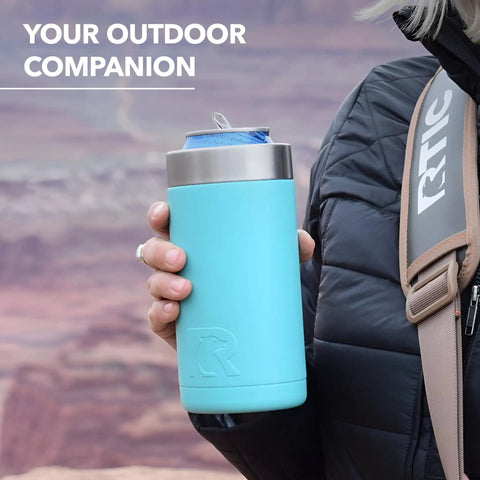 Person holding Craft 16 Oz Can And Bottle Cooler With Double Wall Insulation Sweat Proof Stainless Steel Coozie Outdoors
