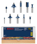 All Purpose Router Bit Set For Woodworking Pros Ten Piece Carbide Tipped Bits With One Half And One Quarter Inch Shanks