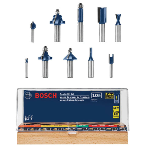 All Purpose Router Bit Set For Woodworking Pros Ten Piece Carbide Tipped Bits With One Half And One Quarter Inch Shanks