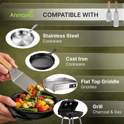 Heavy Duty Griddle Spatula Set With Stainless Steel Spatulas And Griddle Scraper Commercial Grade Kitchen Tools for versatile cooking.