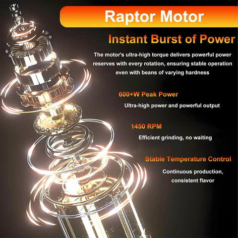 Raptor motor showcasing ultra-high torque for espresso grinder with powerful output, ensuring efficient grinding.