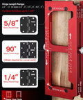 2-in-1 Door Hinge Jig and Lock Hole Drilling Kit, Adjustable Aluminum Router Template showing hinge sizes and measurements.