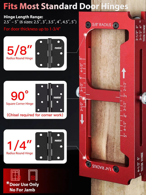 2-in-1 Door Hinge Jig and Lock Hole Drilling Kit, Adjustable Aluminum Router Template showing hinge sizes and measurements.
