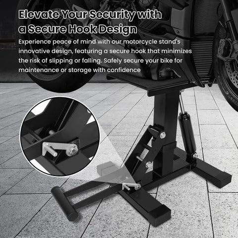 Beefy 400 Lb Motorcycle Jack Lift Stand With Adjustable Height Hydraulic Hoist Table for repair, shown with secure hook.