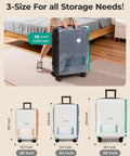 Person pulling a 28-inch suitcase with visible dimensions, showcasing the Rechargeable Air Pump Vacuum Bags For Travel Pack Kit Portable Space Saving Compression Bags For Clothes 18 Piece Set With Shoe Bag Laundry Bag And Toiletry Bag Keeps Clothes Organized On Road Trips.