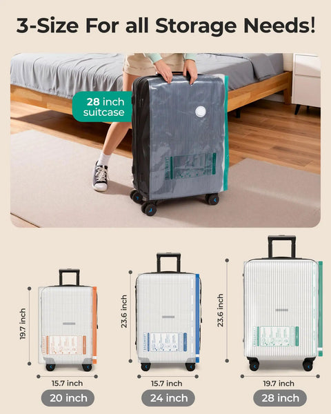 Person pulling a 28-inch suitcase with visible dimensions, showcasing the Rechargeable Air Pump Vacuum Bags For Travel Pack Kit Portable Space Saving Compression Bags For Clothes 18 Piece Set With Shoe Bag Laundry Bag And Toiletry Bag Keeps Clothes Organized On Road Trips.