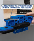 Cabinet Door Mounting Jig For Frameless And Face Frame Cabinets, Easy Adjustable Hinge Attachment Tool with hand using blue jig