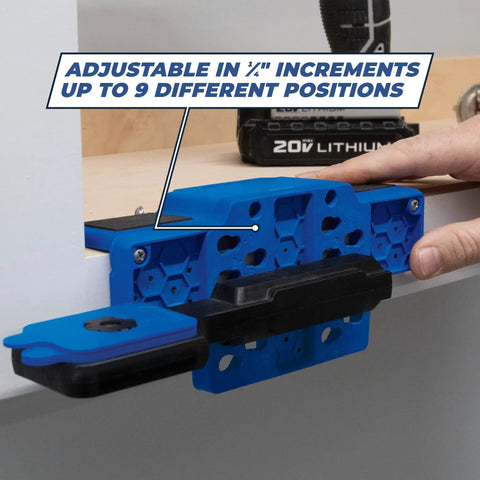 Cabinet Door Mounting Jig For Frameless And Face Frame Cabinets, Easy Adjustable Hinge Attachment Tool with hand using blue jig