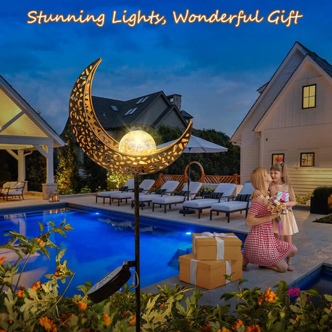 Moon Solar Garden Lights Outdoor Waterproof Stake Yard Decor by a pool, bronze crescent with crackle glass glowing at night