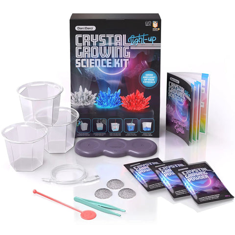 Glow In The Dark Crystal Growing Kit For Kids Ages Eight To Twelve With LED Light Up Display Grow Red Blue And Clear Crystals And See Them Glow A Totally Hands On STEM Toy Gift For Boys And Girls. Crystal growing science kit with cups, powders, display and guide
