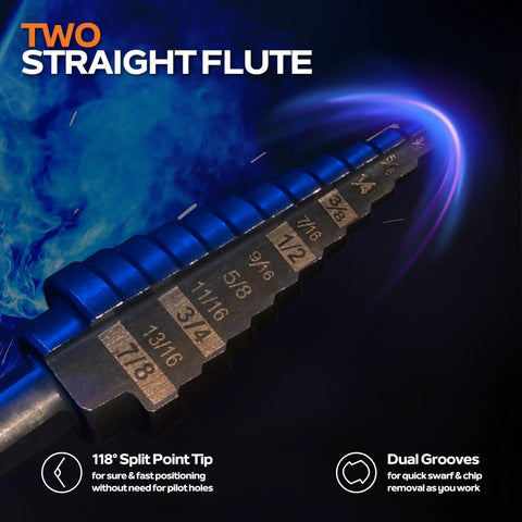Close-up of Heavy Duty Step Drill Bit Set 5 Piece Industrial Grade Unibit Kit with measurements and dual grooves.