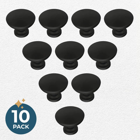 Fulton Matte Black Round Cabinet Knobs 1-3/16 Inch Easy Install Durable Hardware For Drawers Dresser Kitchen Cabinets Doors And Furniture 10 Pack displayed in an arrangement.