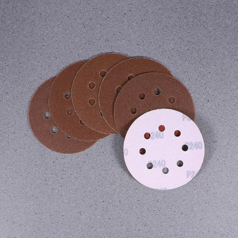 Super Tough 40 Piece 5 Inch Ultra Fine Aluminum Oxide Sanding Discs With Eight Hole Hook Loop Backing For Random Orbital Sanders And Auto Detailing Jobs In Assorted Grits 60 To 240 For Smooth Woodwork And Finish Work showing various grit levels.