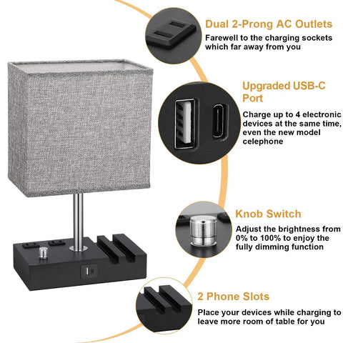 Bedside Table Lamp With 3 Color Temperatures And Adjustable Brightness USB C And USB A Charging Ports LED Bulb Included No Brainer Nightstand Desk Lamp For Bedroom Or Office with beige shade, dual AC outlets, and phone slots.