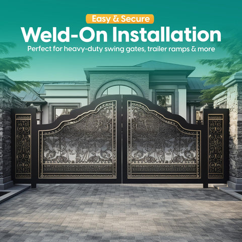 Heavy Duty 7 Inch Weld On Gate Hinges Black Barrel 2 Pack For Metal Gates And Trailer Gates 1.38 Inch Barrel 0.87 Inch Pin 1102 Lb Capacity Each Wrought Iron Weld On Hinges For Rugged Gate Performance Bisagras Para Puertas De Metal installed on ornate metal gate