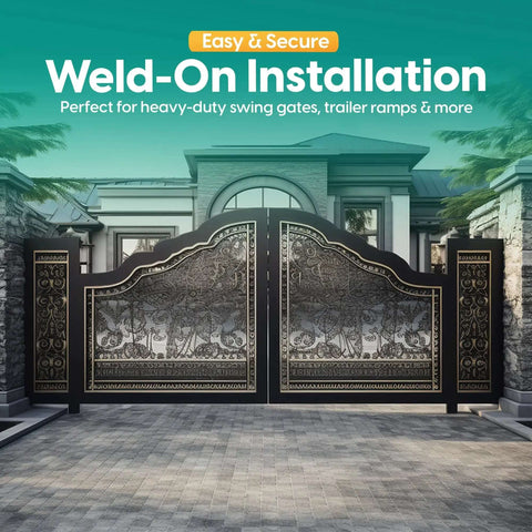 Decorative wrought iron gate secured with Beefy Heavy Duty Weld On Hinges For Metal Gates And Trailers 5 Inch Barrel Hinges With 9 16 Inch Pin Ball Bearing 550 Lb Load 2 Piece Set.