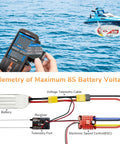 Eight Channel Two Point Four Gigahertz RC Transmitter monitoring boat telemetry with wiring diagram for battery setup