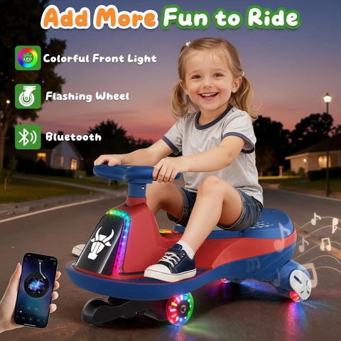 Child riding Two Seater Electric Wiggle Car For Kids With Pedal, 75W Motor, Bluetooth Music, Flashing Wheels, Anti-Rollover in blue