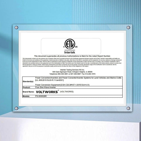 ETL certification plaque for 3000W Pure Sine Wave Power Inverter 12V DC To 110V 120V AC With 4 Outlets USB Ports LCD Display ETL Listed UL458