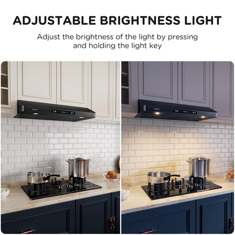 36 Inch Under Cabinet Range Hood With 900 CFM Dual Motors Black Kitchen Vent Hood demonstrating adjustable light feature